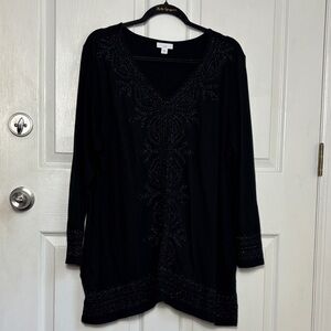J.Jill Black long sleeve vneck top embroidered design cotton Tencel modal blend